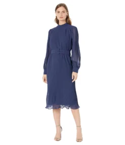 Maggy London Pleated Midi Dress With Belt And Buckle