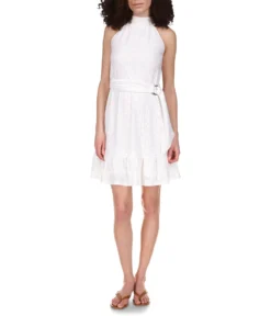 MICHAEL Michael Kors Eyelet Mock Neck Belted Mini Dress
