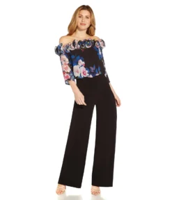 Adrianna Papell Floral Chiffon And Jersey Off-the-Shoulder Jumpsuit