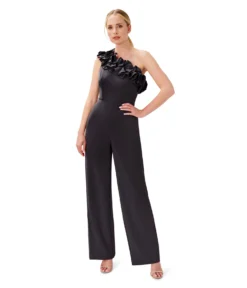 Adrianna Papell Stretch Crepe Ruffle One Shoulder Jumpsuit