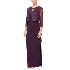 Alex Evenings Long Empire Waist Embroidered Jacket Dress With Jacket And Cascade Detail Skirt