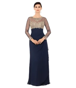 XSCAPE Long Sleeve Sheer Matte Jersey With Gold Embroidered Top