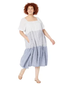 Madewell Plus Patchwork Gingham Button-Front Tiered Midi Dress