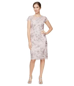 Alex Evenings Midi Length Embroidered Cap Sleeve Dress With Illusion Neckline And Scallop Detail Hem