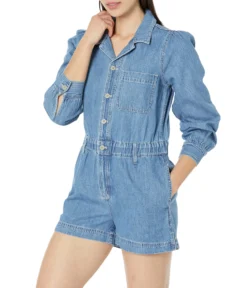 Madewell Long Sleeve Elastic Waist Denim Romper In Rushland Wash